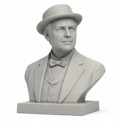 Bust of a man in a suit and bowler hat, with a calm expression and bow tie.
