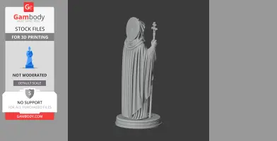 A detailed statue of a robed figure holding a staff, with a halo and flowing cloak, on a decorative base.