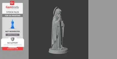 A detailed 3D model of a hooded, robed figure holding a cross and book, standing on a circular base.