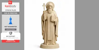 A detailed 3D printable statue of a bearded saint holding a cross and book, with ornate robes.