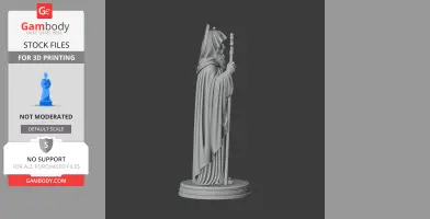 A 3D model of a cloaked, bearded figure holding a staff, standing on a round base.