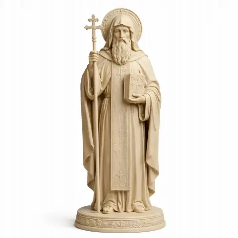 A detailed 3D statue of Saint Abraham holding a cross and book, dressed in religious robes.