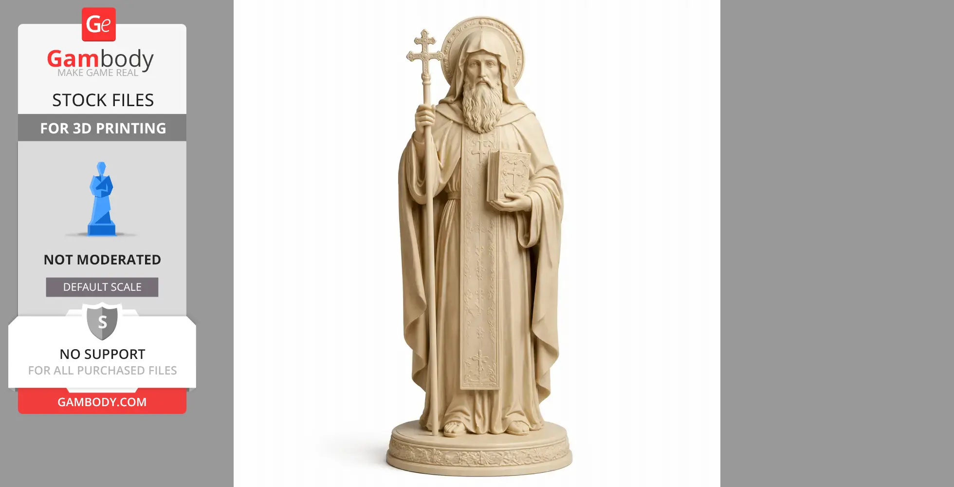 A detailed 3D printable statue of a bearded saint holding a cross and book, with ornate robes.