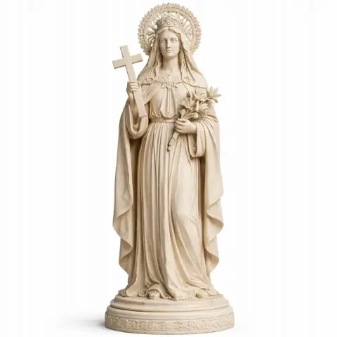 A statuesque female figure in robes, holding a cross and flowers, with a halo-like crown.