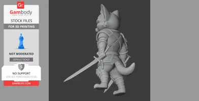 A cat warrior figure with armor and a sword, standing in a dynamic pose for 3D printing.