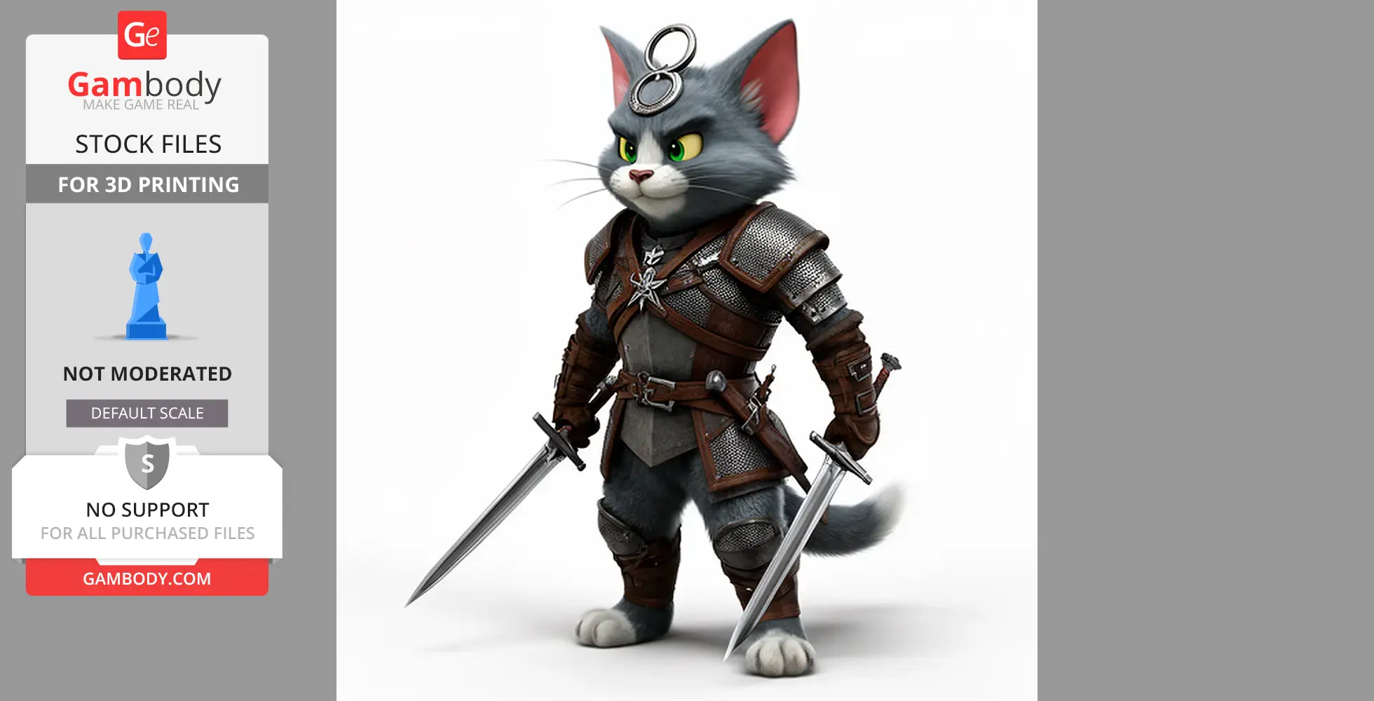 A cat in medieval armor wielding two swords, combining fantasy elements with cartoon style.