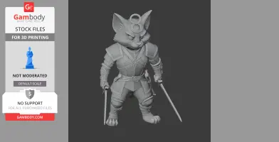 Anthropomorphic cat in armor wielding two swords, designed as a 3D printable figure.
