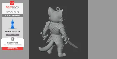 Cat warrior figure with armor, two swords, and a ring on head for 3D printing.