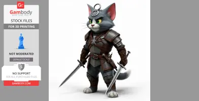 A cat in medieval armor wielding two swords, combining fantasy elements with cartoon style.