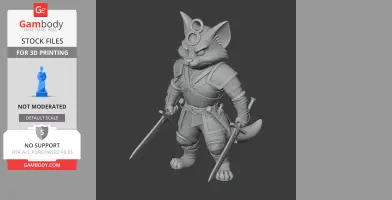 Anthropomorphic cat warrior with swords, armor, and a ring on its head, ready for 3D printing.