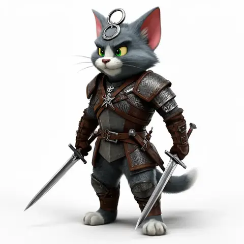A cat in witcher armor wielding two swords with a circular emblem above its head.