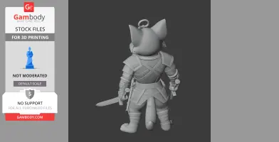 Anthropomorphic cat in armor with a sword, viewed from behind.