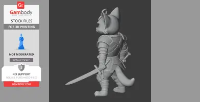 A 3D model of an armored anthropomorphic cat holding a sword, viewed from the back.