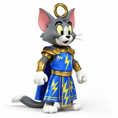 Anthropomorphic cat in blue, gold-trimmed armor with a lightning motif and a ring on its head.