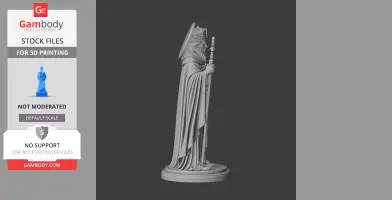 A detailed 3D statue of a robed figure holding a staff, wearing a mitre, standing on a round base.