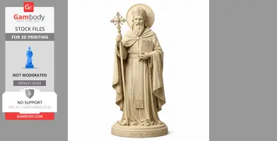 A detailed statue of a bearded saint holding a cross staff and book, wearing a robe and mitre.