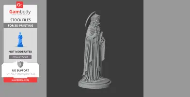 A robed saintly figure holding a staff and a book, wearing a halo, standing on a round base.