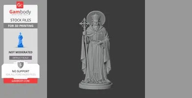 A detailed statue of a bearded saint holding a cross and book, wearing a robe and halo.