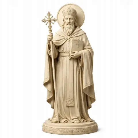 Bearded religious figure in robes holding a cross and book, wearing a halo, on a decorative base.