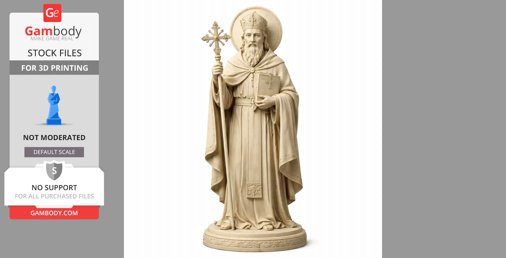 A detailed statue of a bearded saint holding a cross staff and book, wearing a robe and mitre.