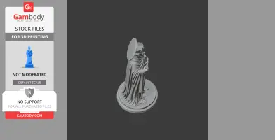 3D printed statue of a robed figure with a halo, holding an object, standing on a round base.