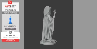 Statue of a robed figure with a halo holding a cross on a round base, designed for 3D printing.