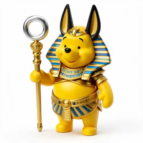 A figure of Winnie the Pooh dressed as Anubis, holding a staff with Egyptian attire and headdress.