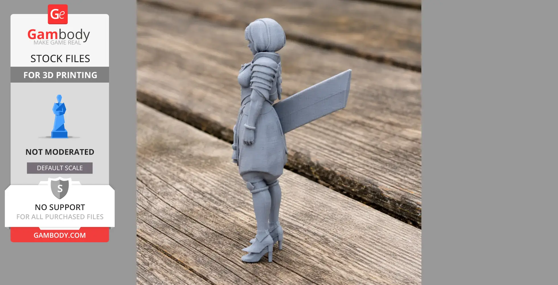 Gray 3D-printed model of a samurai warrior with armor and a large sword on wooden surface.