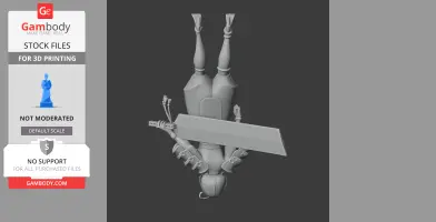 A 3D model of a samurai warrior with armor and a large sword, positioned upside down.