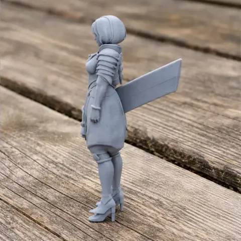 3D print model of a samurai warrior in armor, standing on a wooden surface, with a large rectangular shield.