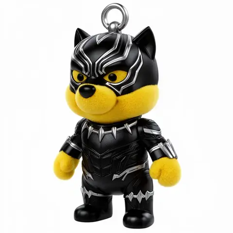 Cute mashup figure of a yellow bear in a Black Panther suit, designed for 3D printing.