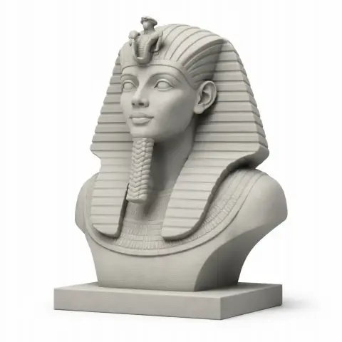 3D printable bust of Tutankhamun, featuring detailed headdress and serene expression, on a rectangular base.