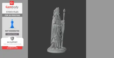 A detailed 3D statue of a bishop holding a staff, wearing robes and a mitre, on a round base.