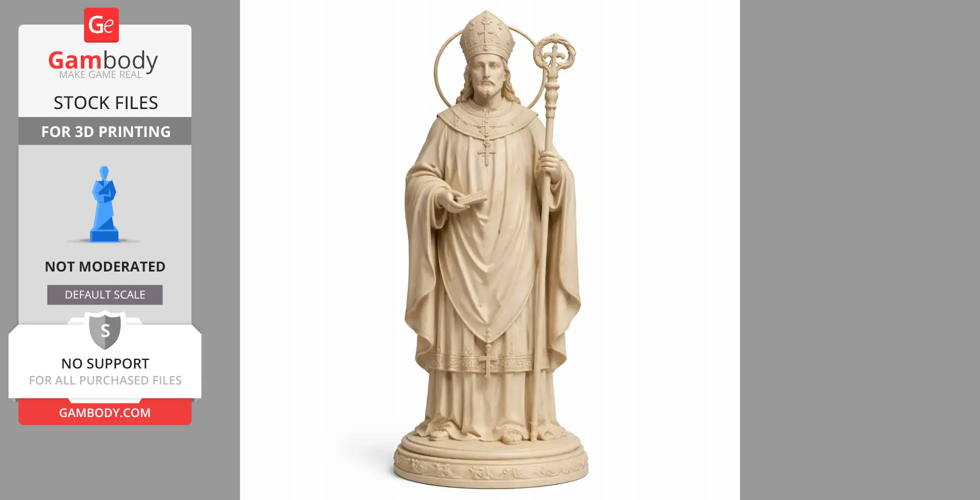 Statue of Saint in robes with a mitre and staff, holding a book, on a decorative base.