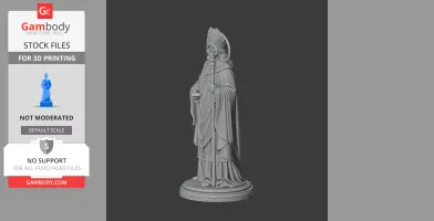 A detailed 3D model of a bishop-like figure holding a staff, in flowing robes and a mitre, on a circular base.