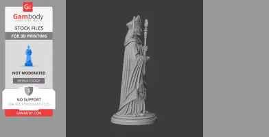A detailed 3D model of a bishop holding a staff, wearing ornate robes and a mitre hat, on a round base.