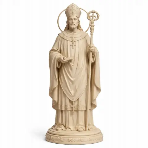 A detailed 3D statue of a bishop holding a staff, wearing religious attire with a halo.
