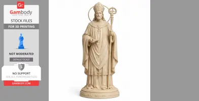 Statue of Saint in robes with a mitre and staff, holding a book, on a decorative base.