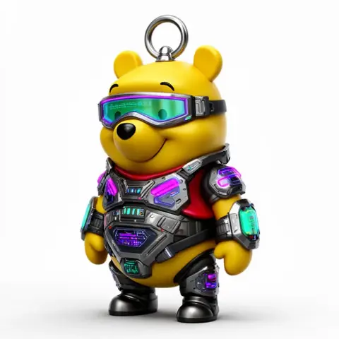 A cyberpunk Winnie the Pooh figure with futuristic armor and visor, designed as a ring accessory.
