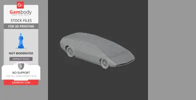 3D printable model of a sleek, futuristic car, resembling the Bizzarrini Manta, on dark background.