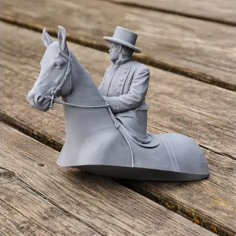 3D-printed figure of a Civil War soldier on horseback, wearing a uniform and hat, set on a wooden surface.