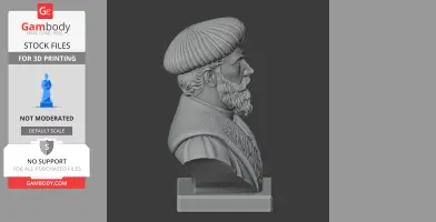 3D bust of a bearded man in historical attire, wearing a turban-like hat, on a display base.