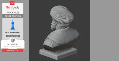 Bust of a historical figure wearing a pleated turban and a textured cape on a display base.