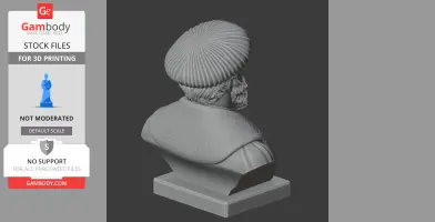 3D print model of a historical figure bust with detailed hat and textured clothing.
