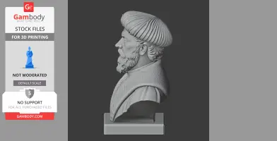 Profile bust of a bearded man in a textured cap, sculpted for 3D printing, on a square base.