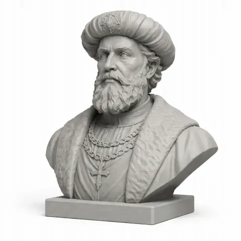 Bust of a bearded historical figure in ornate attire with a turban, ready for 3D printing.