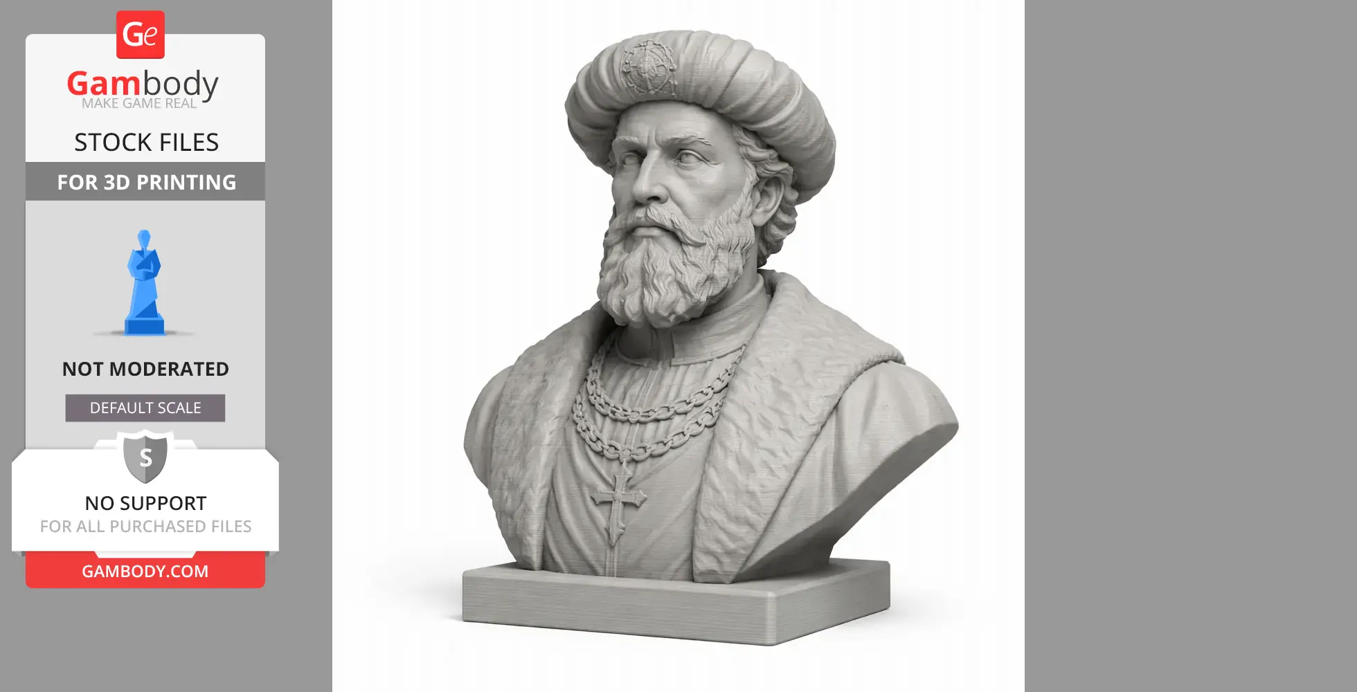 Bust of a historical figure with a bearded face, turban, and detailed clothing on a square base.