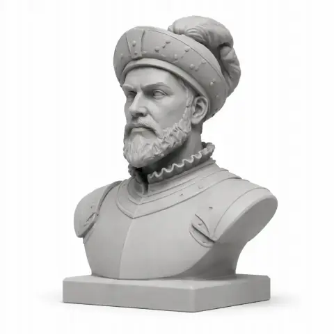 Bust of a historical warrior in armor, with a detailed beard and hat, ideal for 3D printing.