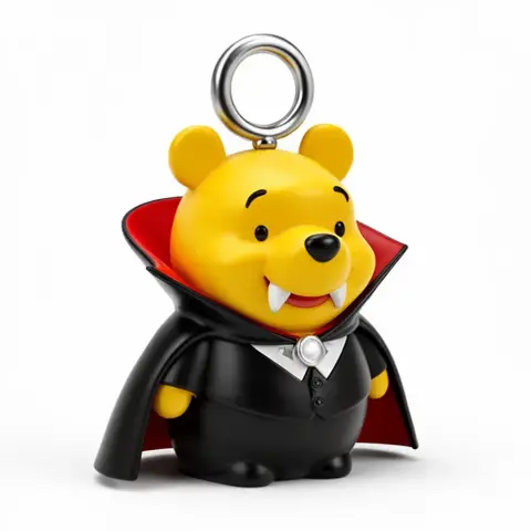 Cartoon bear dressed as Dracula, with fangs and a vampire cape, featuring a ring atop its head.