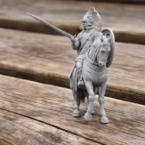 Mounted ancient warrior with sword and shield, ready for 3D printing.